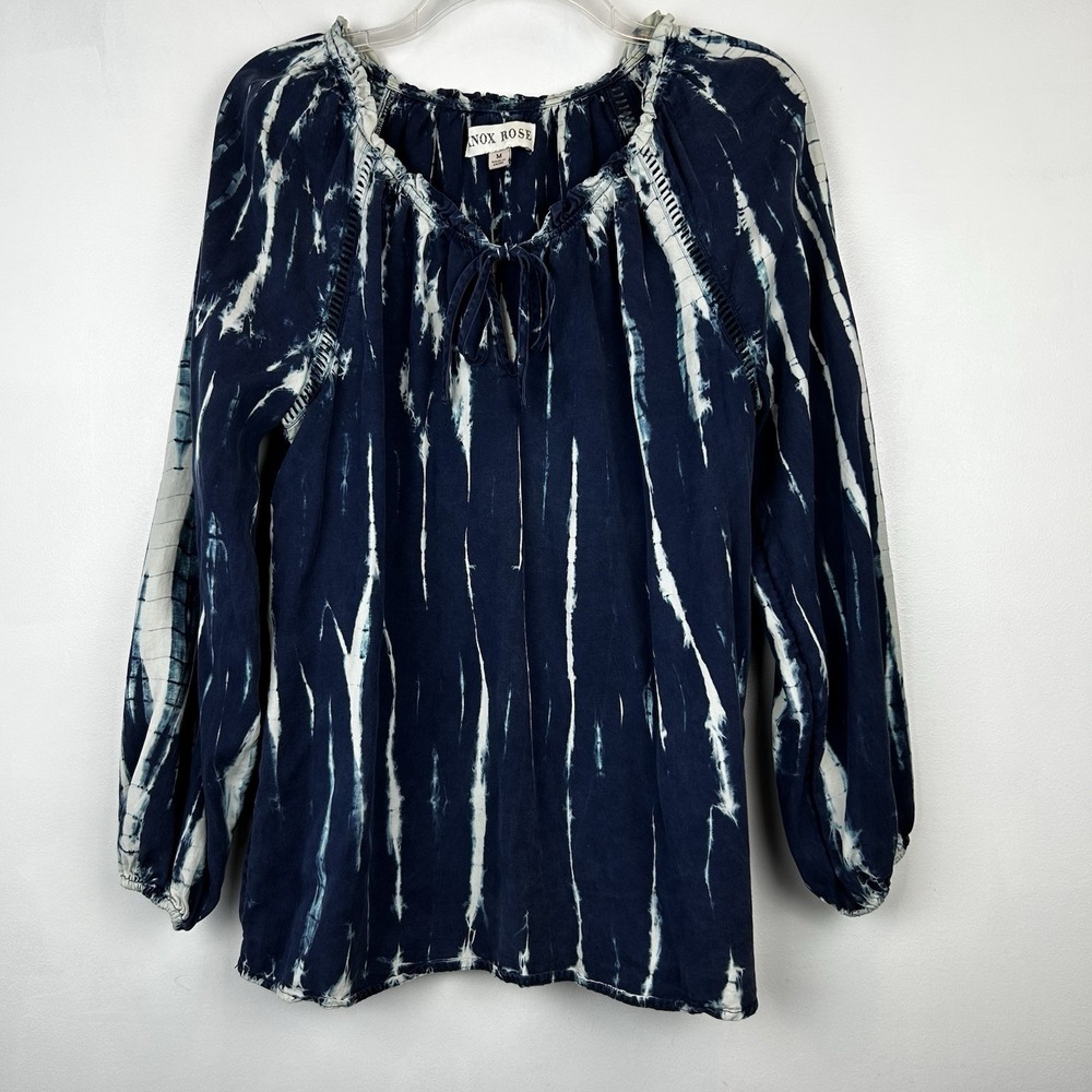 Knox Rose Top Womens M Blue Boho Tie Dye Peasant Long Sleeve Tie Neck Artsy